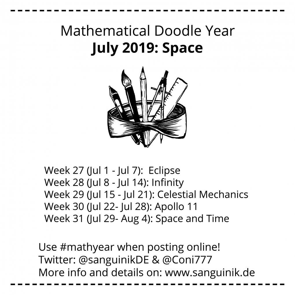 Mathematical Doodle Year July 2019:
Week 27 (July 1 to July 7): Eclipse
Week 28 (July 8 to July 14): Infinity
Week 29 (July 15 to July 21): Celestial Mechanics
Week 30 (July 22 to July 28): Apollo 11
Week 31 (July 29 to August 4): Space and Time