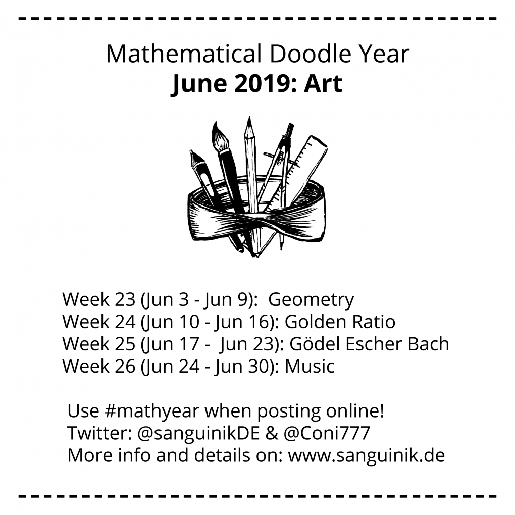 Mathyear Prompt List for June 2019

Week 23 (June 3 to June 9) is Geometry
Week 24 (June 10 to June 16) is Golden Ratio
Week 25 (June 17 to June 23) is Gödel Escher Bach
Week 26 (June 24 to June 30) is Music
