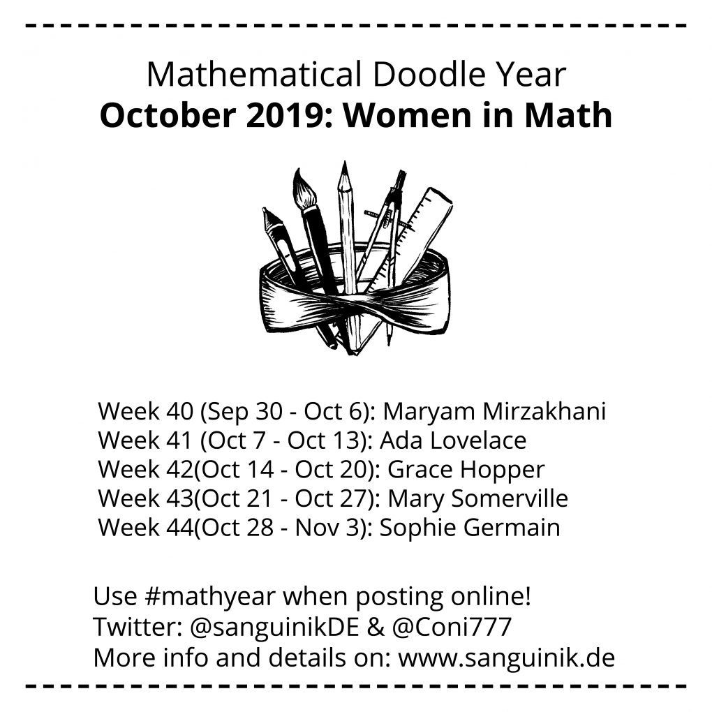 Week 40: Maryam Mirzakhani
Week 41: Ada Lovelace
Week 42: Grace Hopper
Week 43: Mary Somerville
Week 44: Sophie Germain